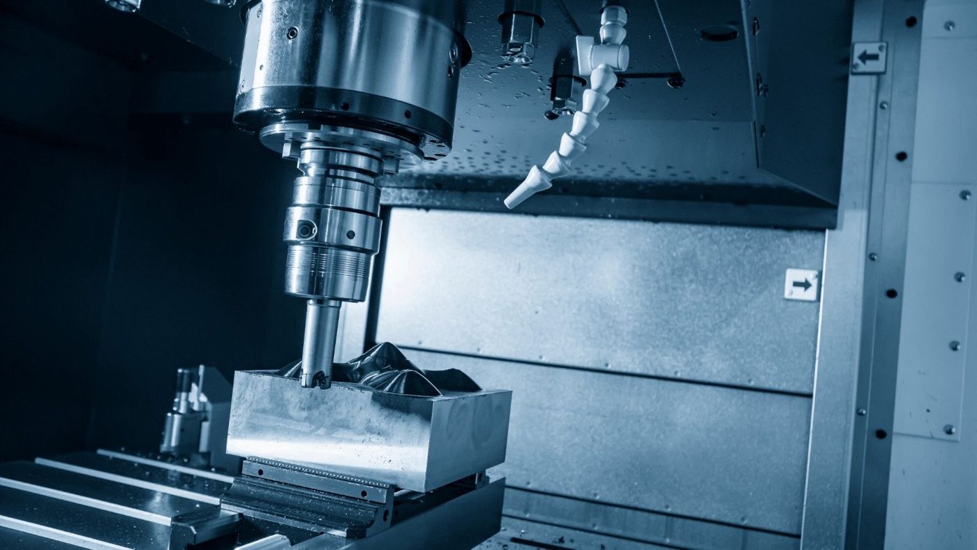 Milling machine cutting a steel part